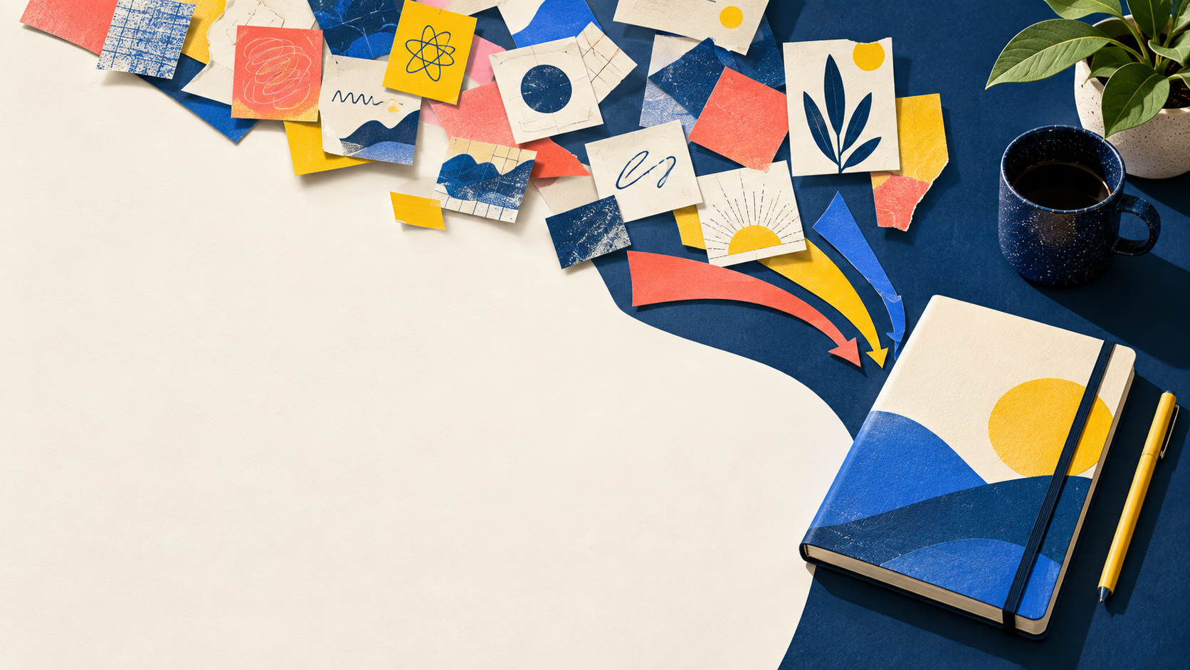 Colorful idea notes converging into one focused notebook